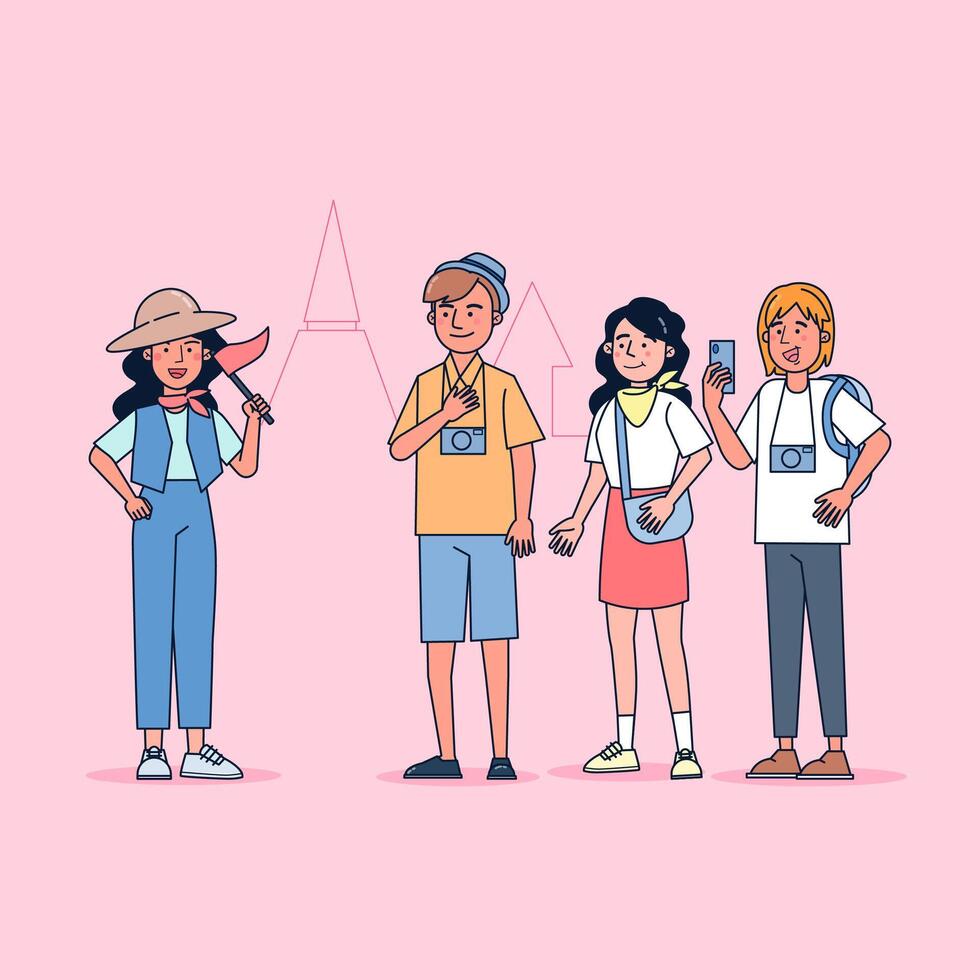 Character collection of tourist big set isolated flat vector illustration wearing professional uniform, cartoon style on tourist guiding theme