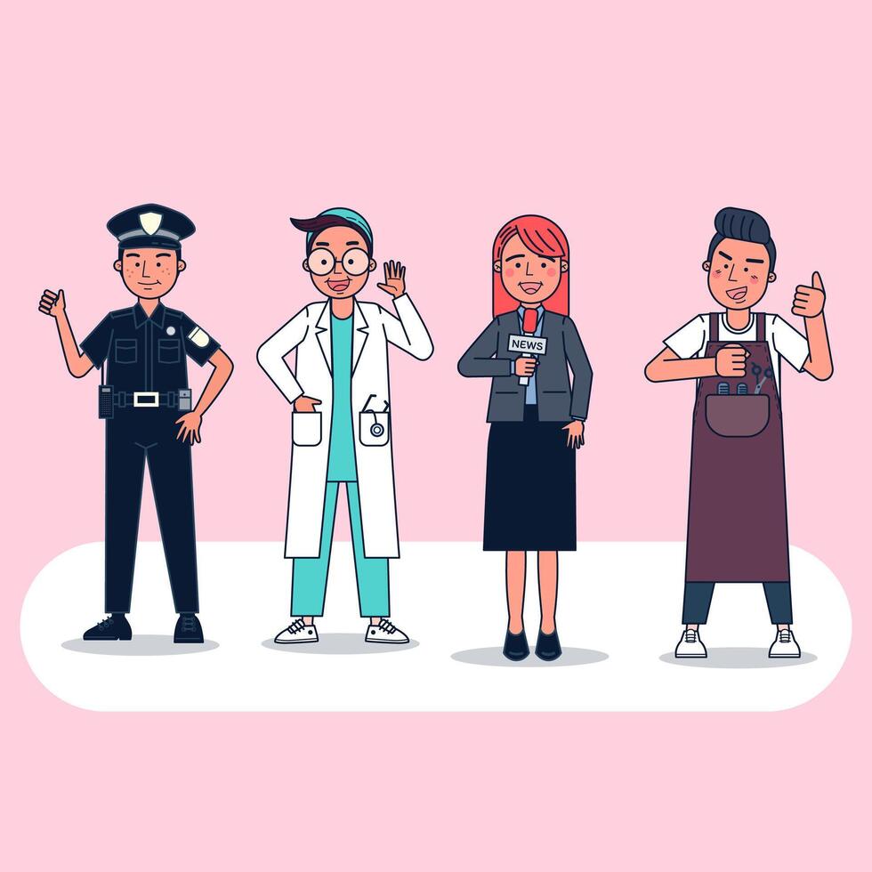 Collection of big set isolated various occupations or profession people wearing professional uniform, flat vector illustration.