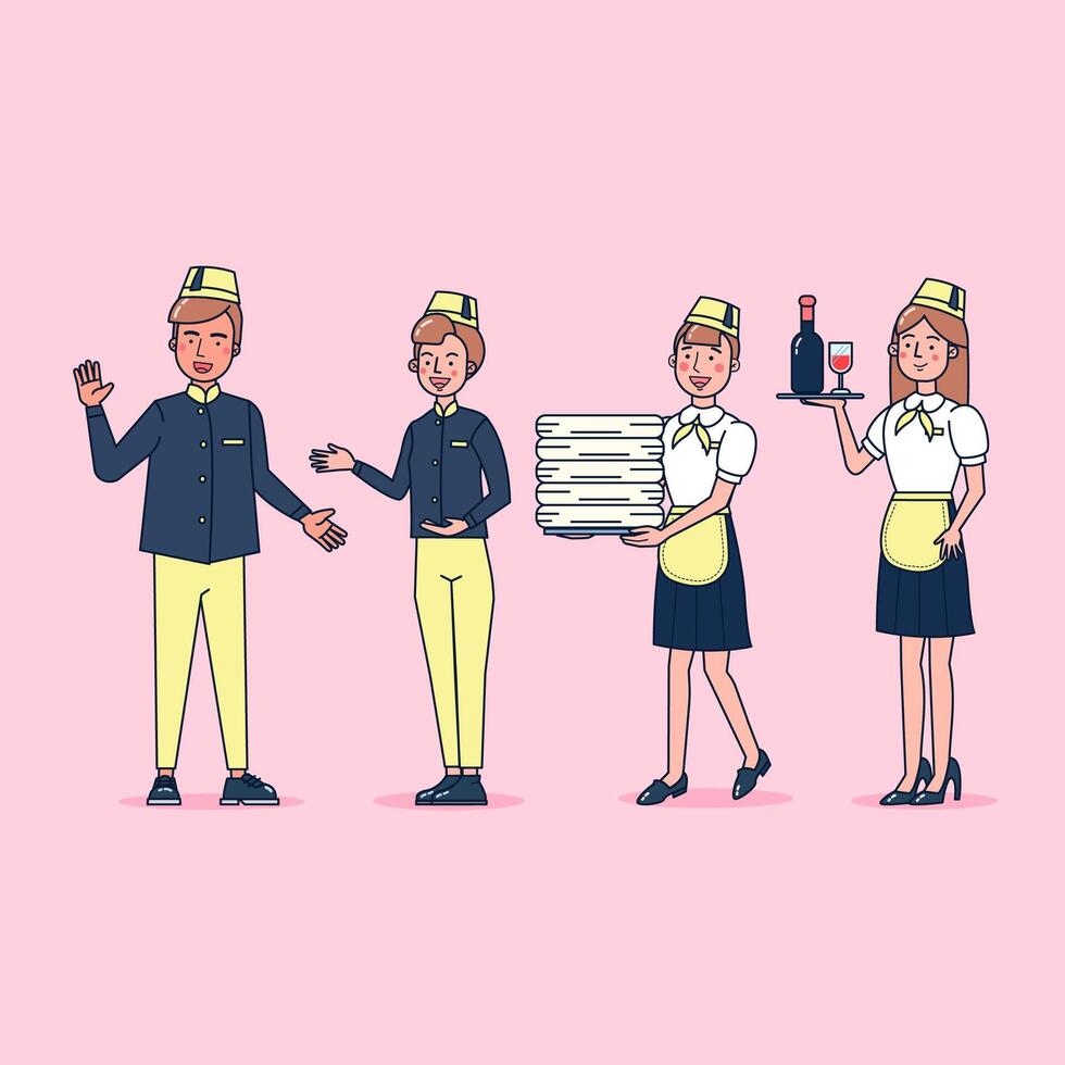 Character collection of catering big set isolated flat vector illustration wearing professional uniform, cartoon style on hotel theme