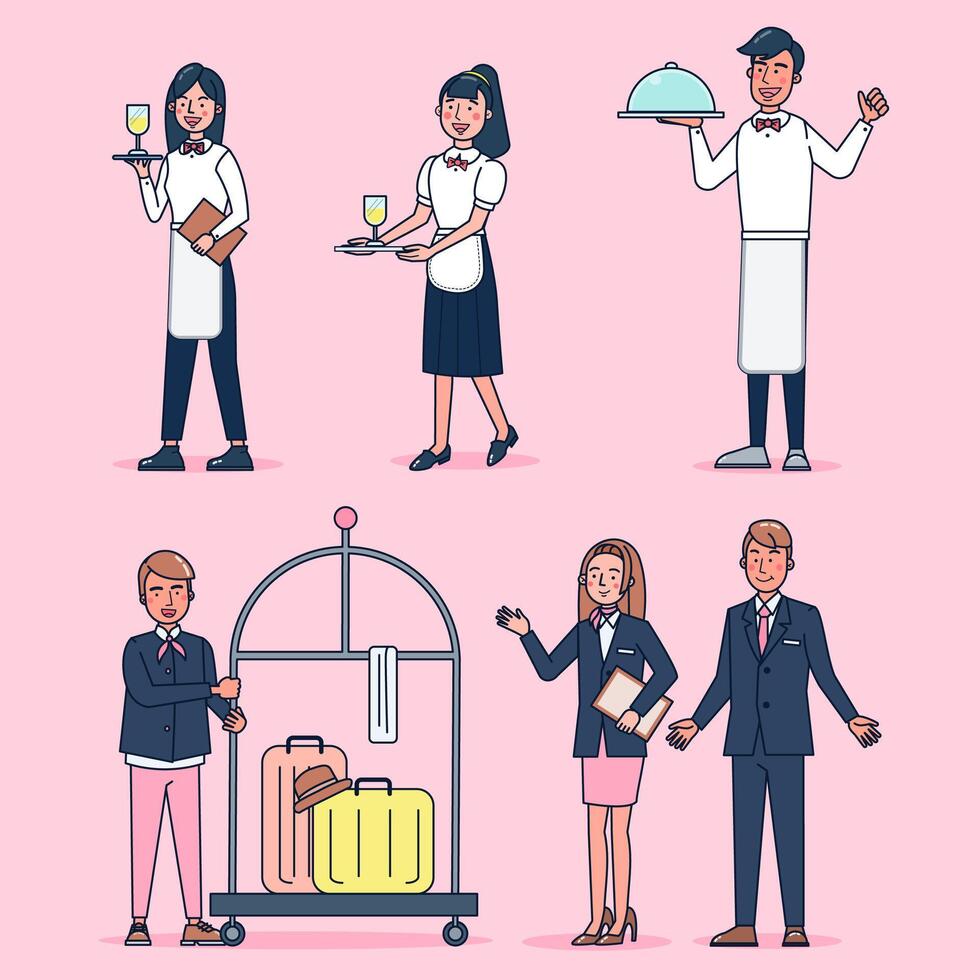 colección de personajes de catering gran conjunto aislado ilustración vectorial plana con uniforme profesional, estilo de dibujos animados sobre el tema del hotel vector