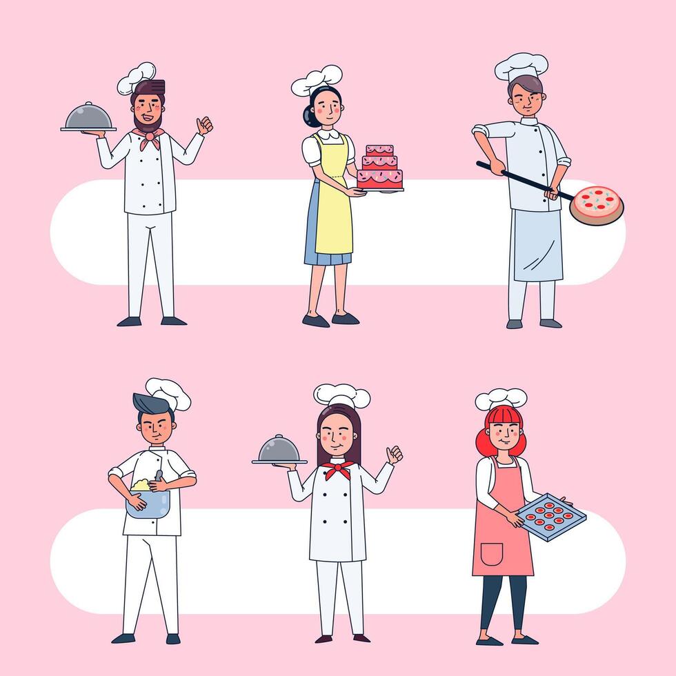 colección de personajes de cocinero grande conjunto aislado ilustración vectorial plana con uniforme profesional, estilo de dibujos animados vector