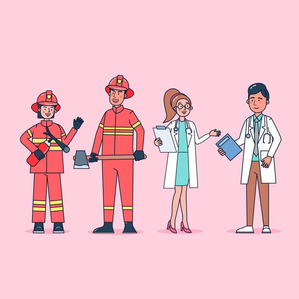 Collection of big set isolated various occupations or profession people wearing professional uniform, flat vector illustration.