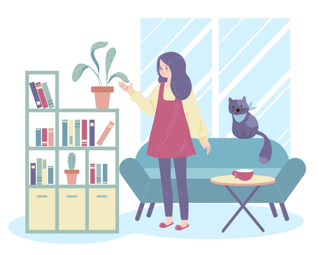 Big isolated cartoon style happy young  woman doing  regular activity in side home for stay healthy, flat vector illustration