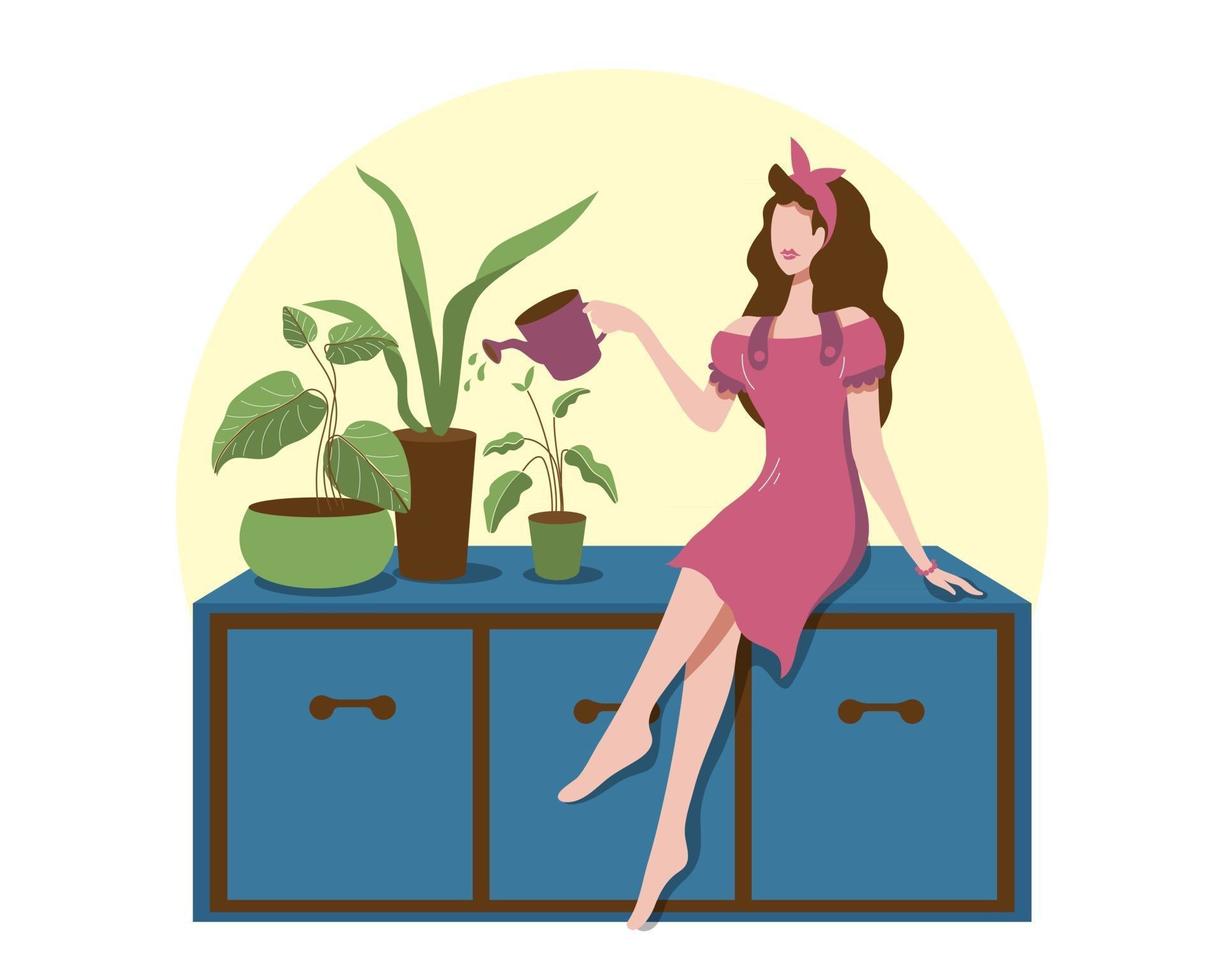 Big isolated cartoon style happy young  woman gardening activity in side home for stay healthy, flat vector illustration