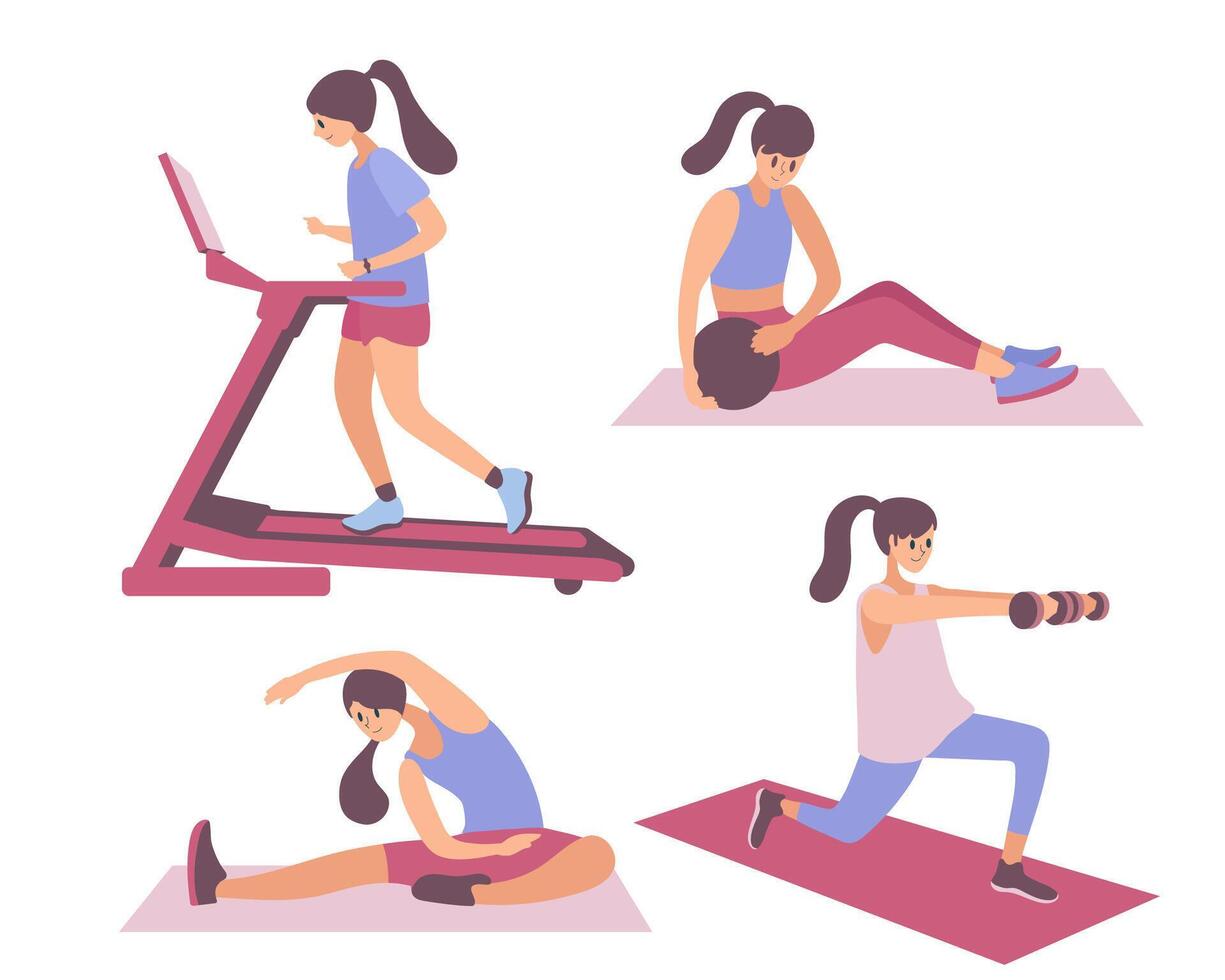 Big isolated cartoon style happy young woman doing workout activities vector