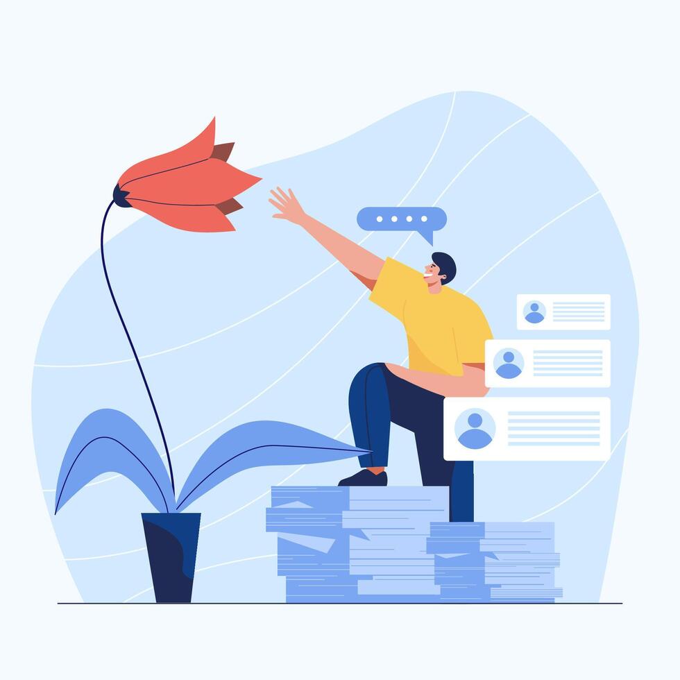 man writing web template, cartoon style Screen web template for mobile phone, landing page, template, UI, web, mobile app, poster, banner, flat Vector illustration