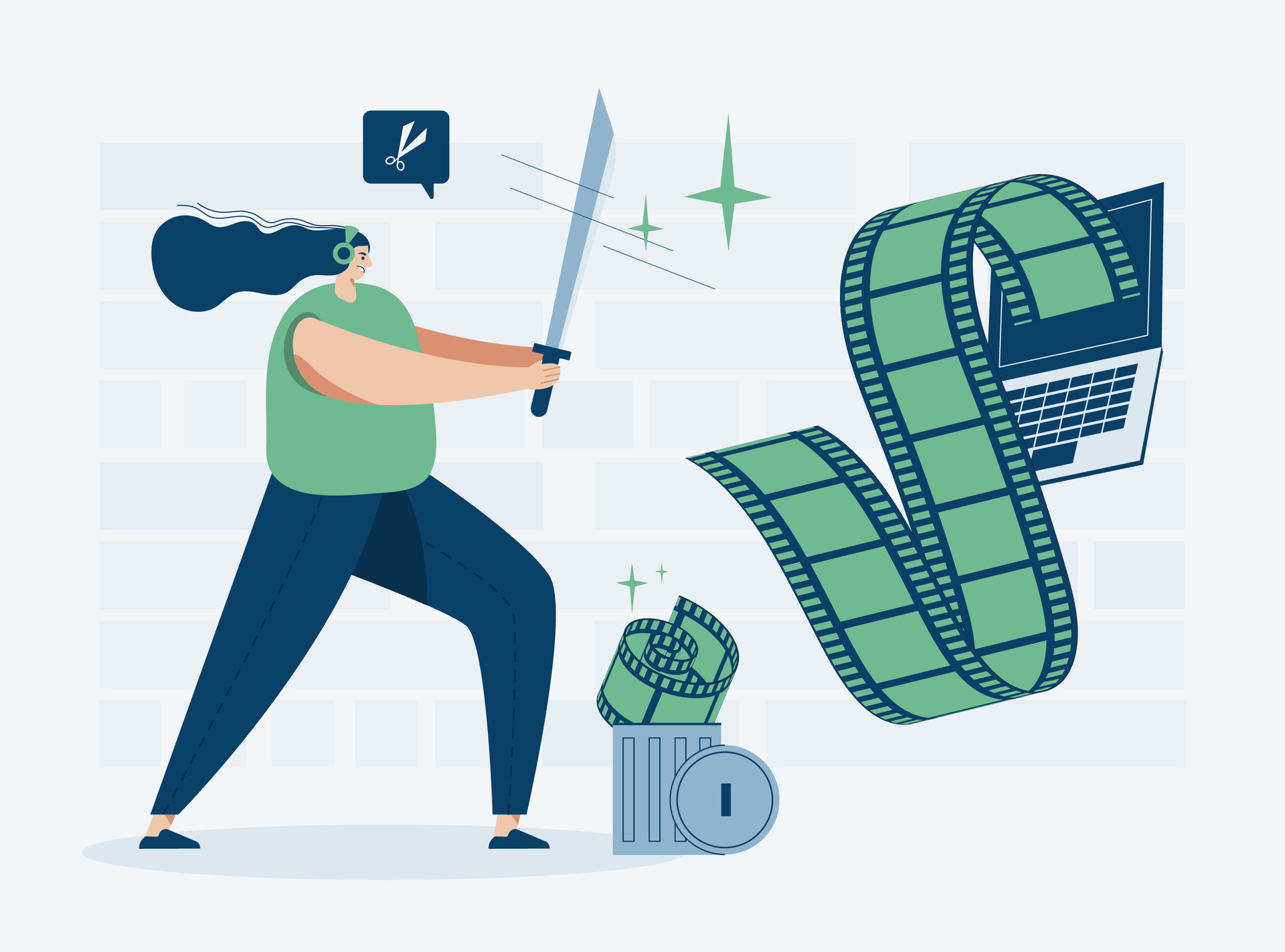 Video editor working with video clips web template, cartoon style