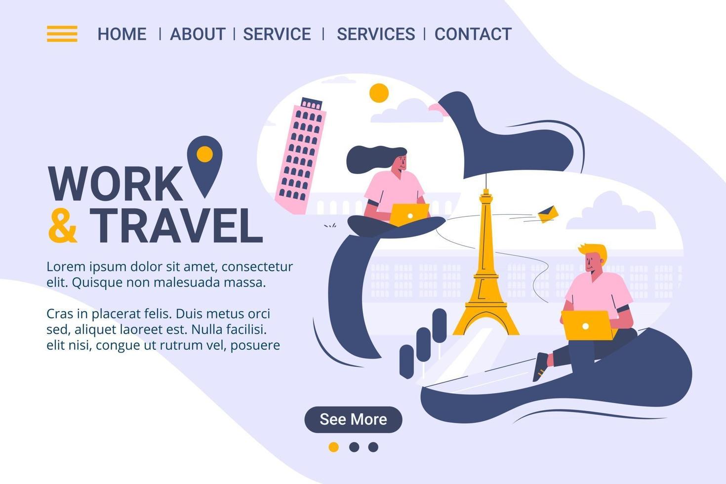 Work and travel web template, freelanceing services, cartoon style Screen web template for mobile phone, landing page, template, UI, web, mobile app, poster, banner, flat Vector illustration