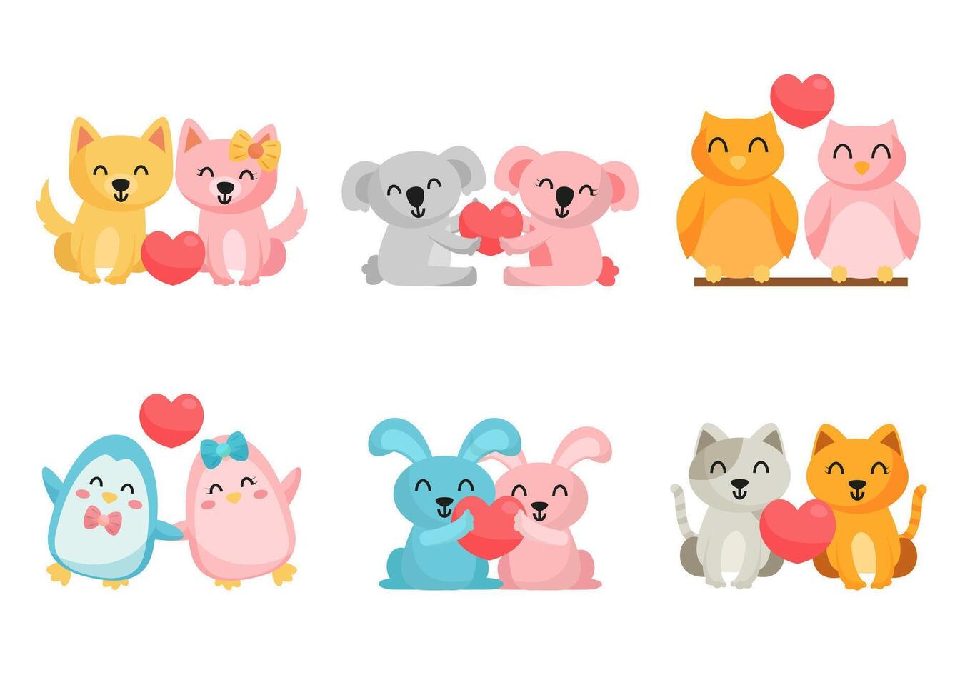 Bundle of isolated cute animal cartoon characters flat  vector illustration