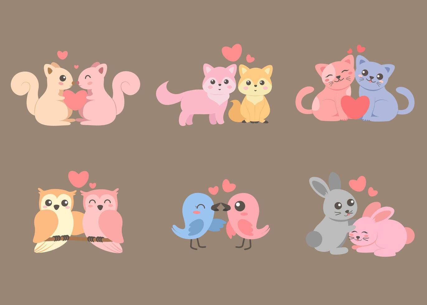 Bundle of isolated cute animal cartoon characters flat  vector illustration