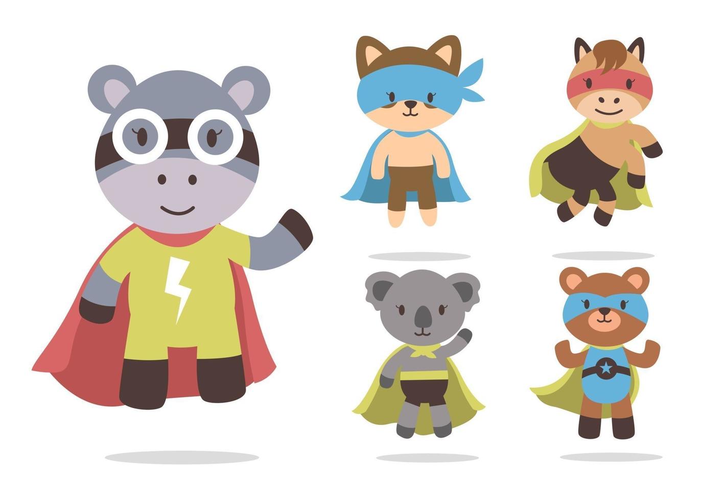 paquete de personajes de superhéroe de dibujos animados de animales lindos aislados plana vector