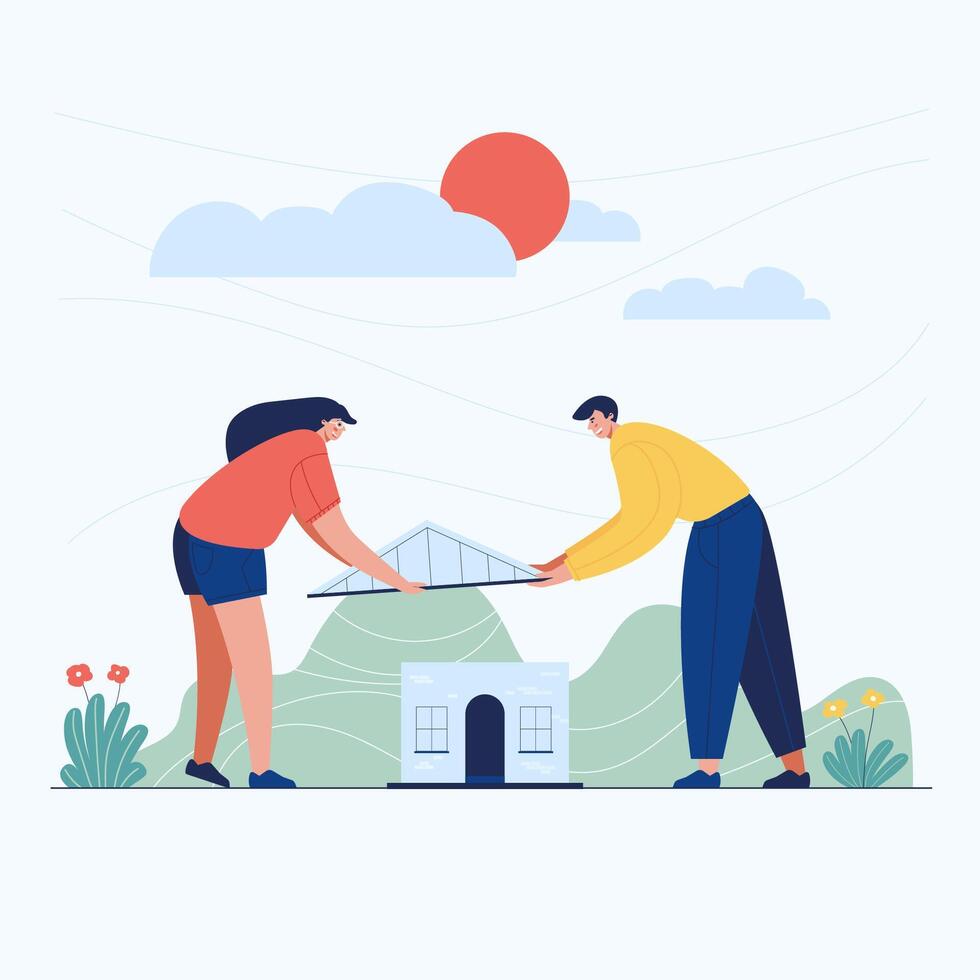 pareja haciendo plantilla web de inicio, plantilla web de pantalla de estilo de dibujos animados para teléfono móvil, página de destino, plantilla, interfaz de usuario, web, aplicación móvil, cartel, banner, ilustración vectorial plana vector