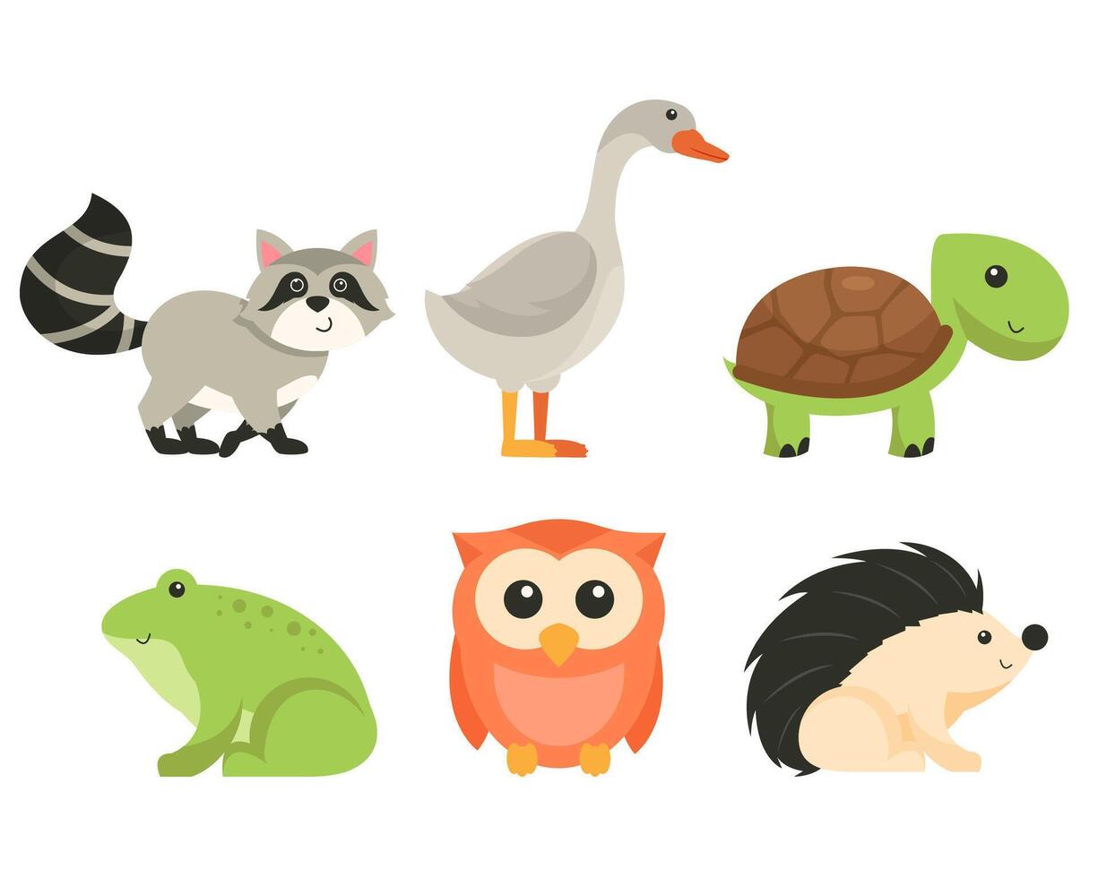 Bundle of isolated cute animal cartoon characters flat  vector illustration