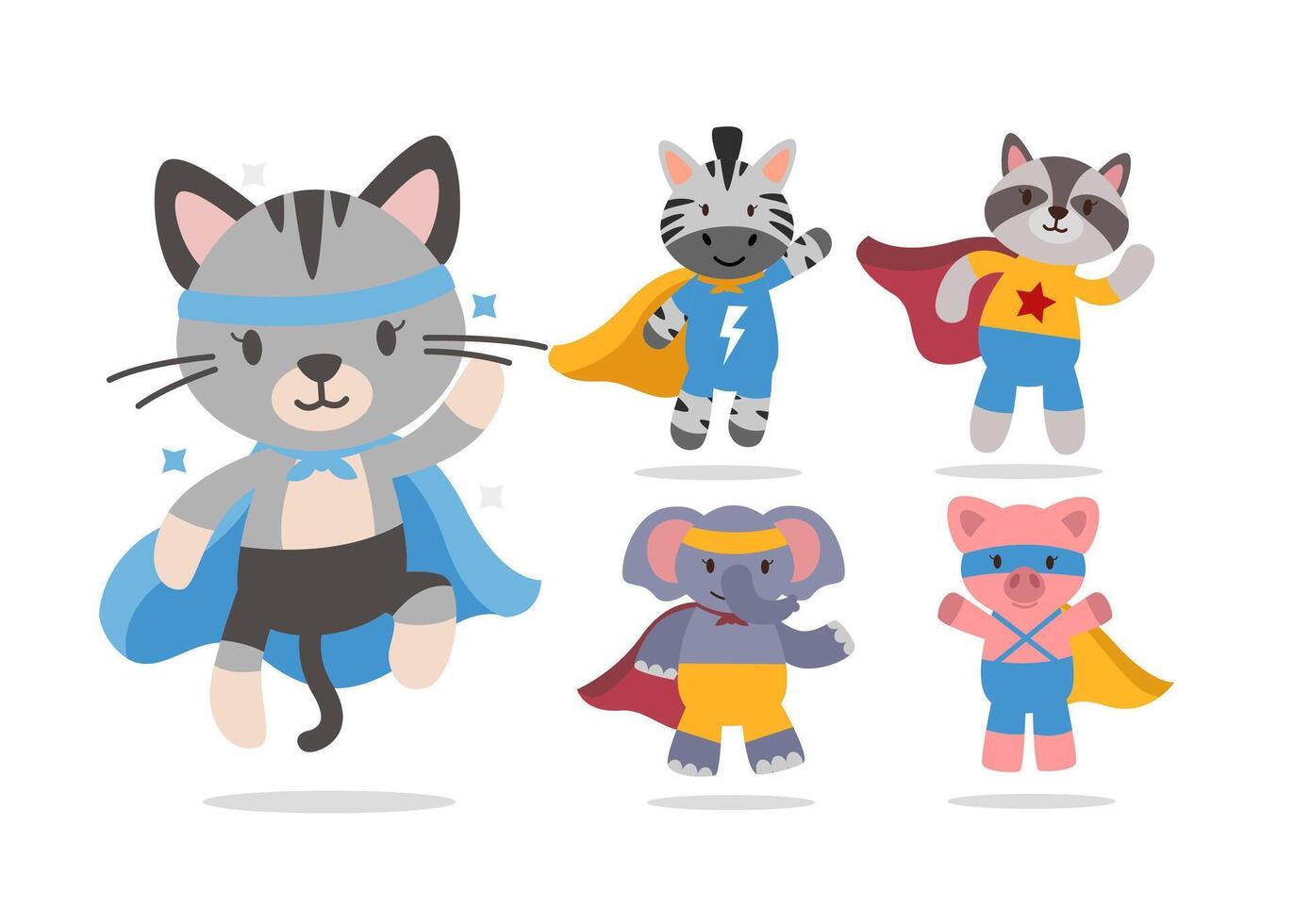 Bundle of isolated cute animal cartoon super hero characters flat vector