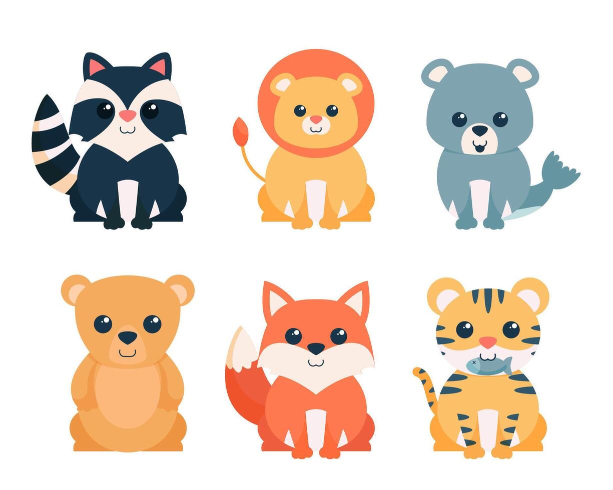 Bundle of isolated cute animal cartoon characters flat  vector illustration