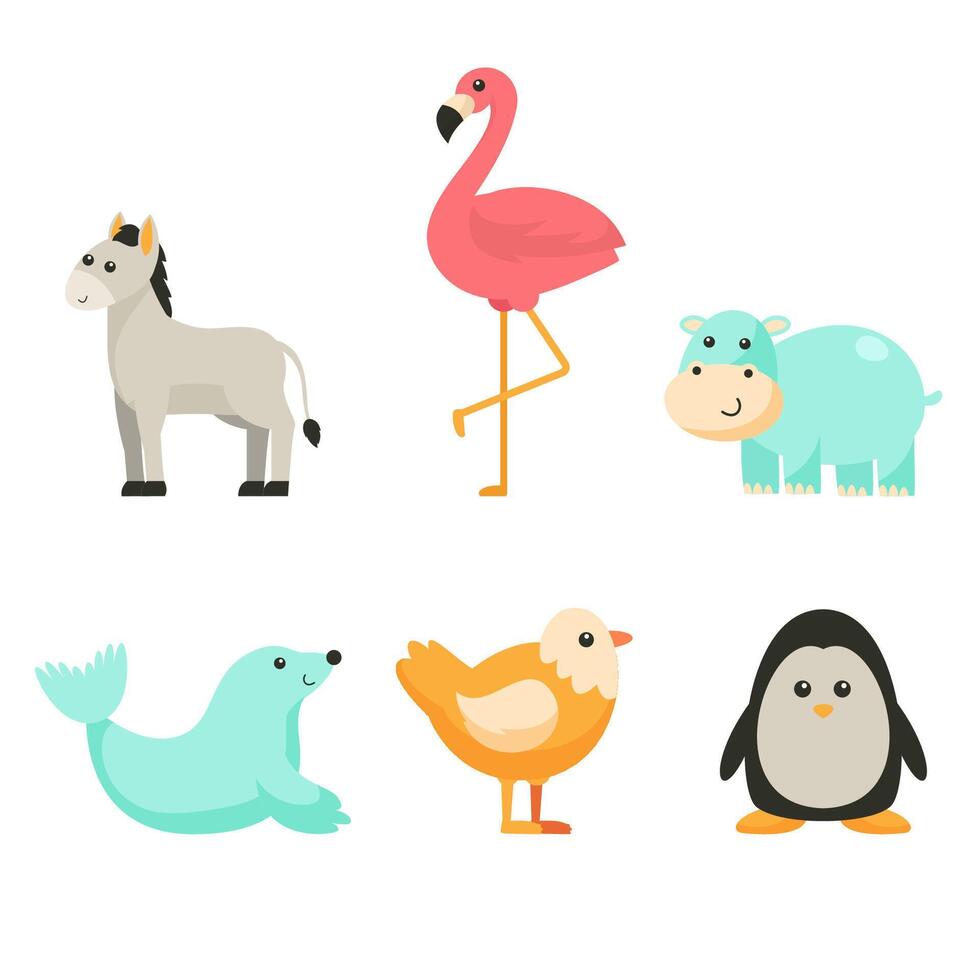 Bundle of isolated cute animal cartoon characters flat  vector illustration