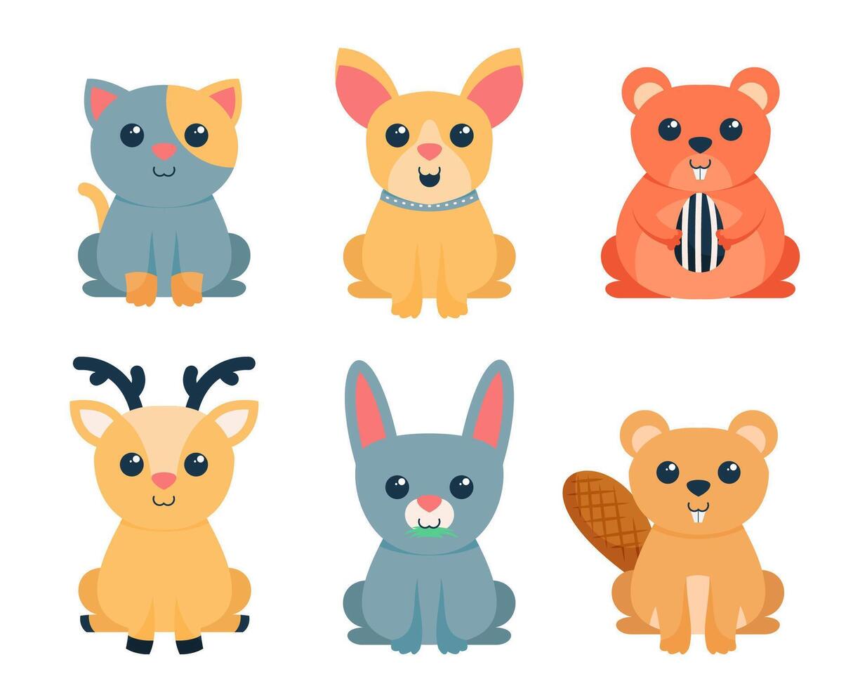 Bundle of isolated cute animal cartoon characters flat vector illustration