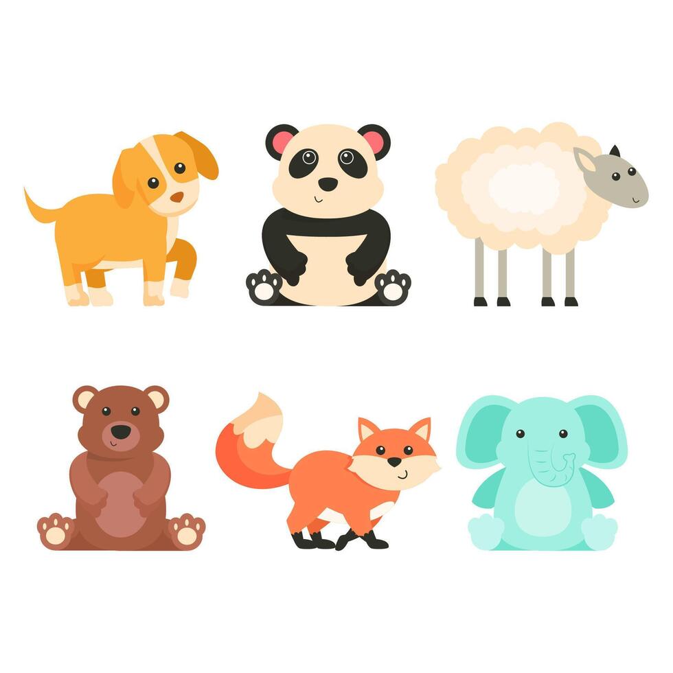 Bundle of isolated cute animal cartoon characters flat  vector illustration