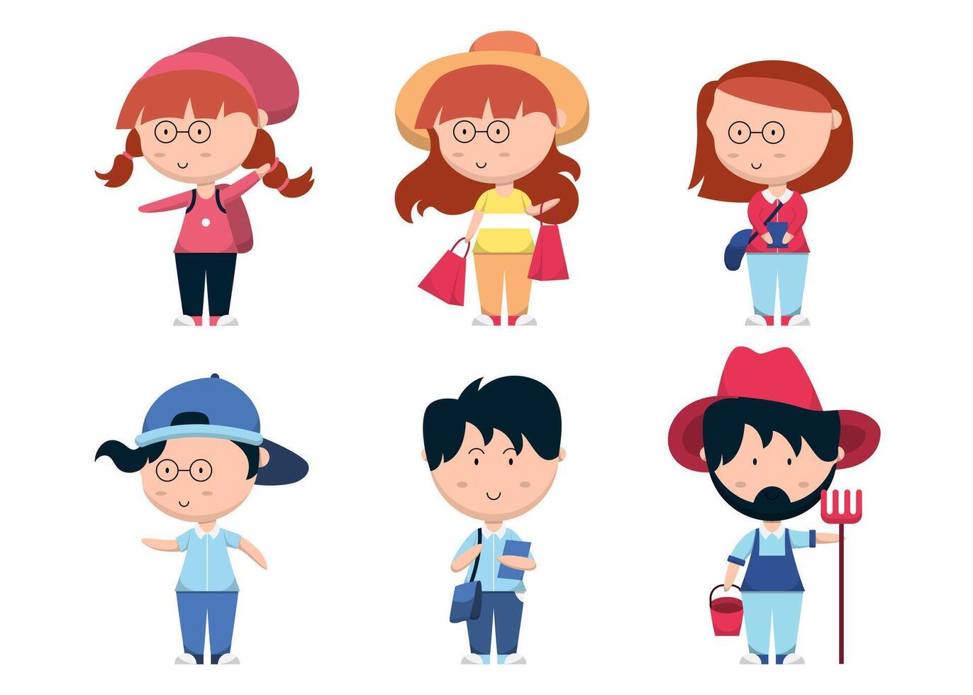 Set of people with different action in cartoon character flat vector