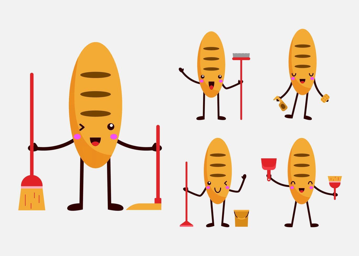 set of housekeeper bread mascot cartoon character flat vector