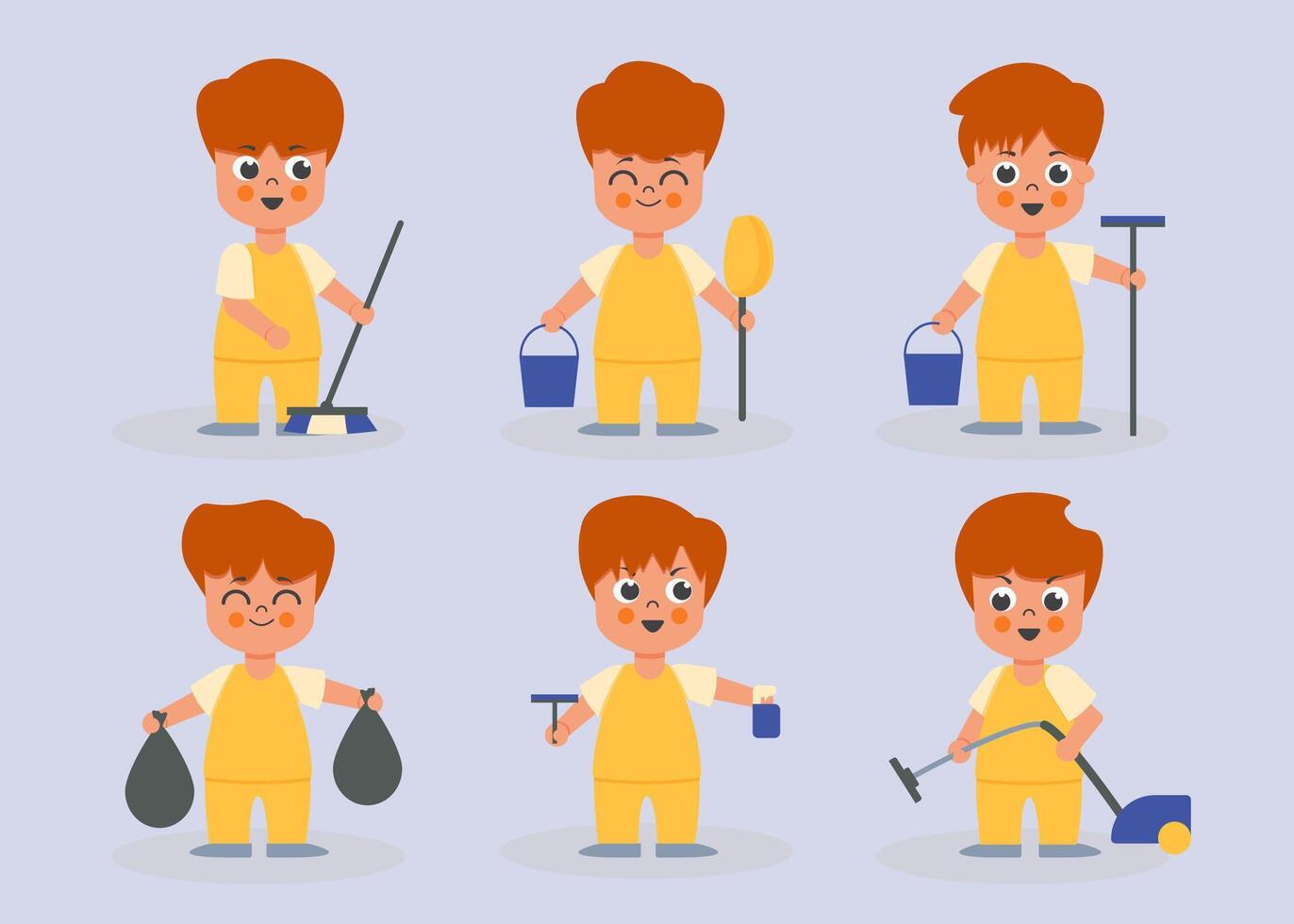 Set of male housekeeper in cartoon characters flat vector