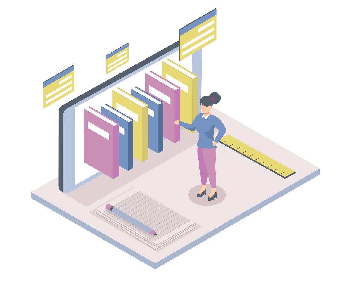 Isometric of Teenagers Learning online concept vector