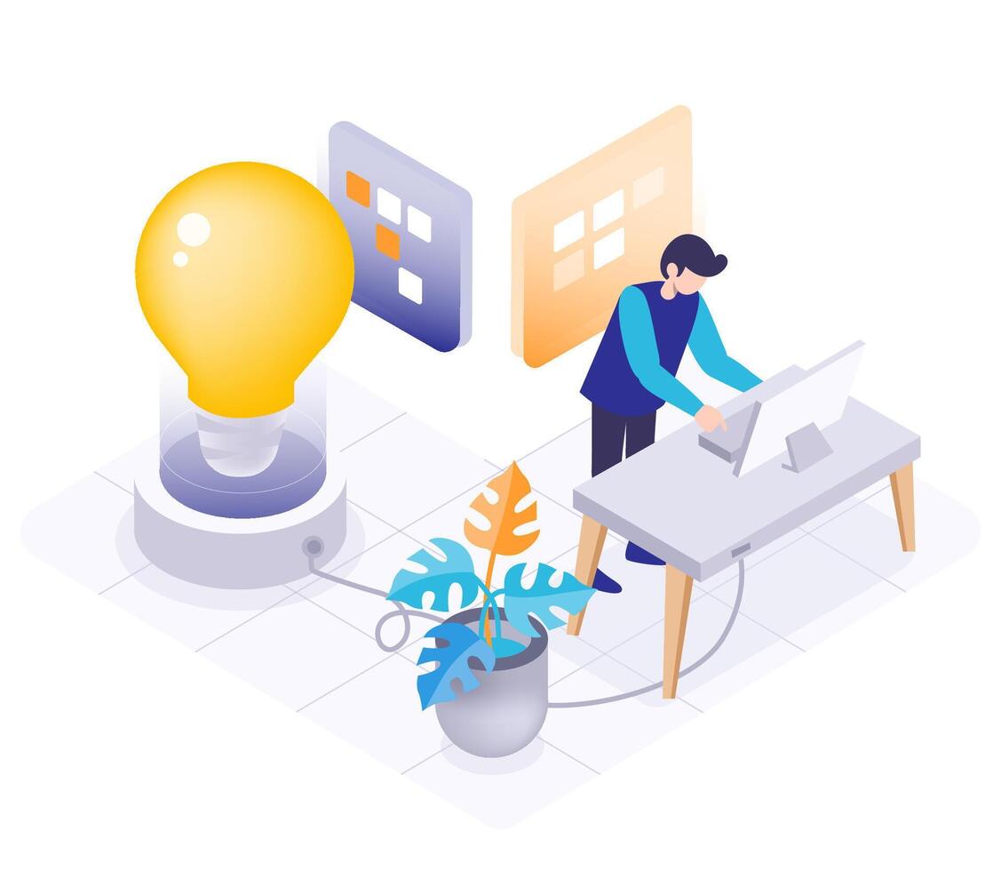 Isometric of young man working on computer vector illustration