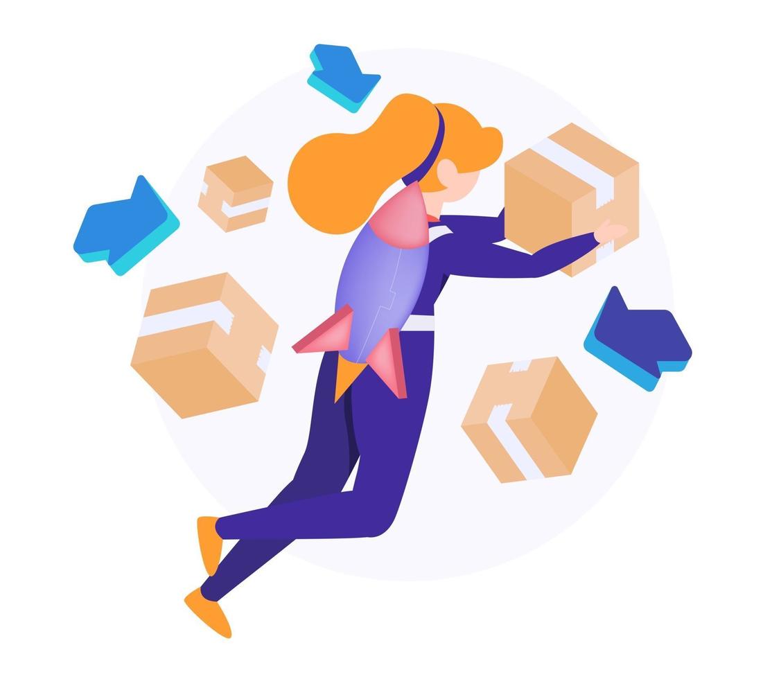Fast Courier with box to customer, Isometric vector illustration