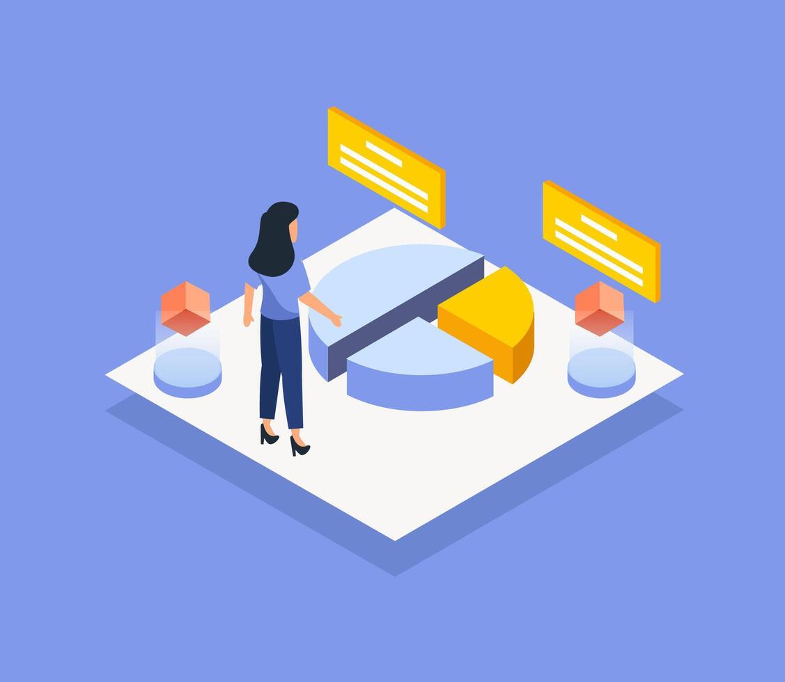 Visual isometric with people and statistics graph on screen vector illustration