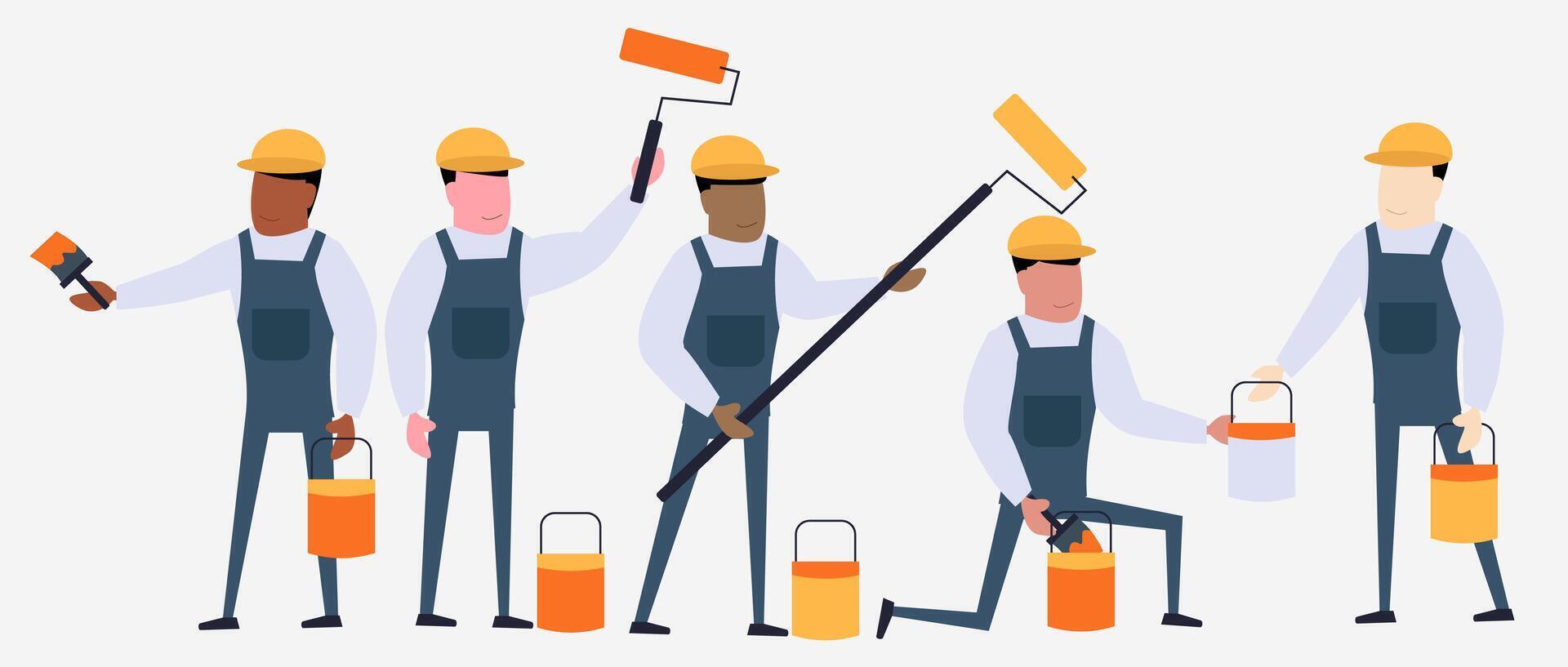 Set of Paint staff decorator in cartoon charactoers flat vector