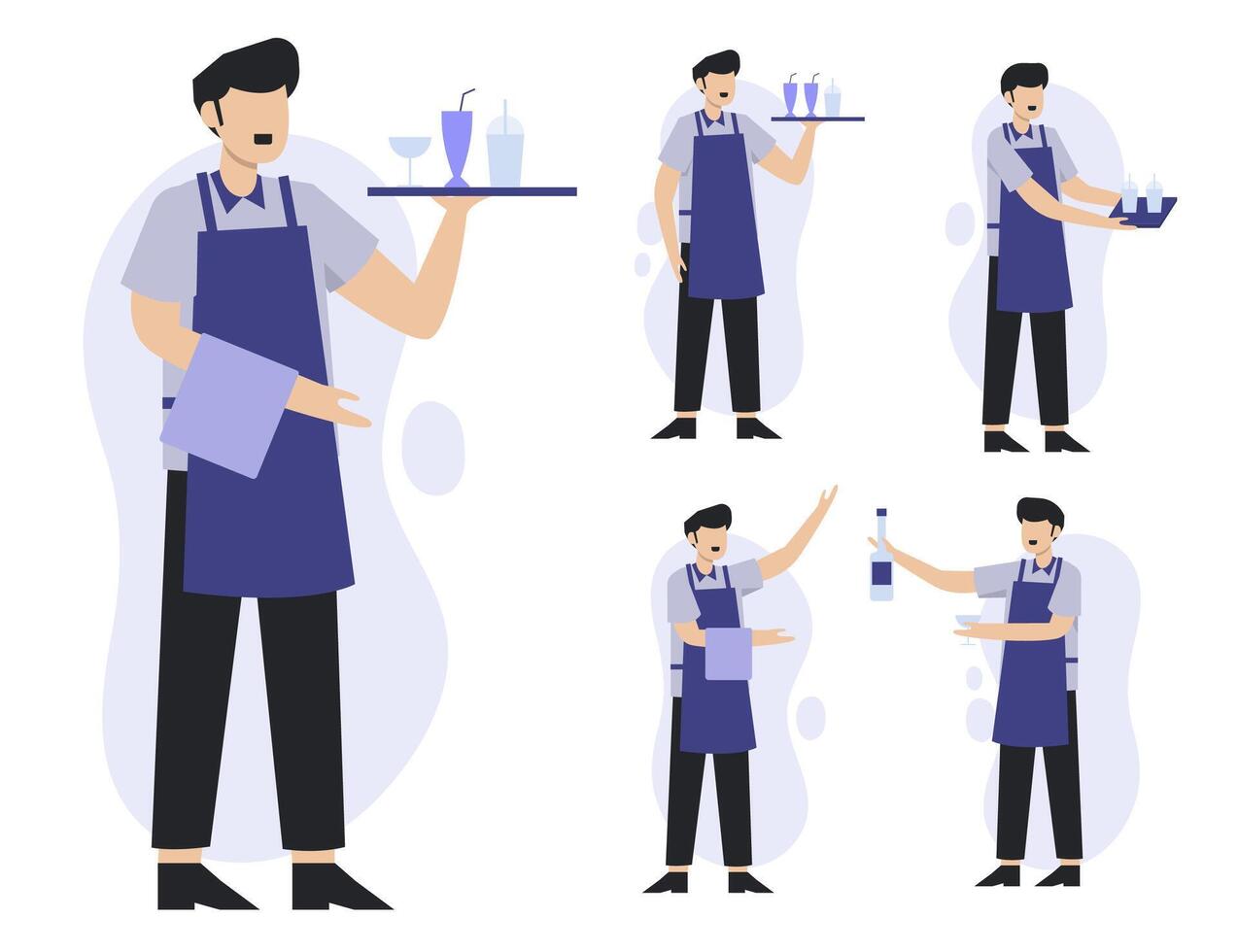 set of waiter in cartoon character different action vector