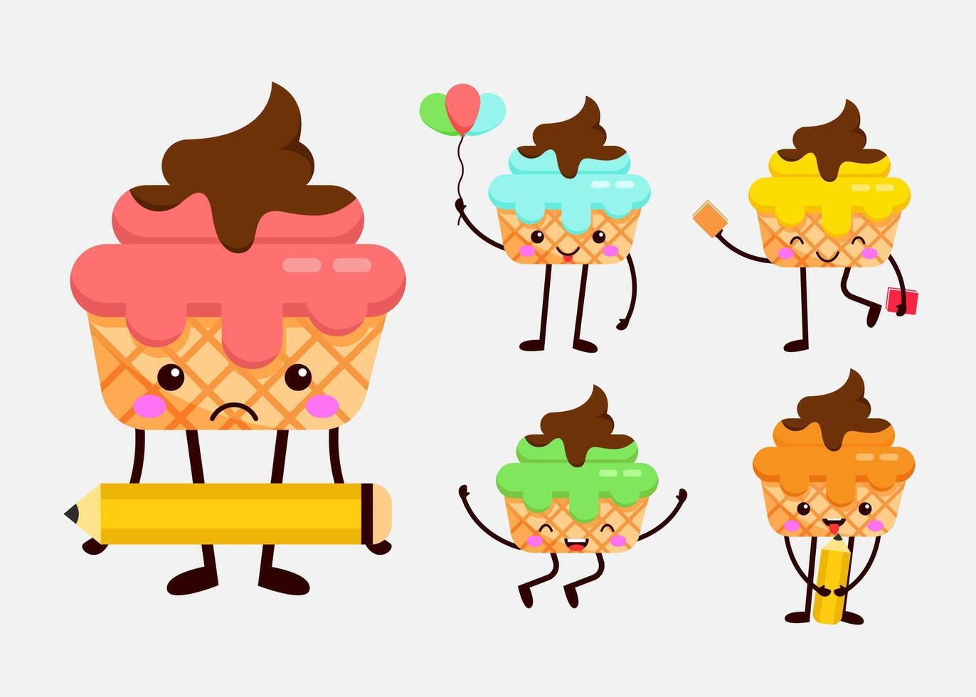 Set of cup cake in funny cartoon character flat vector