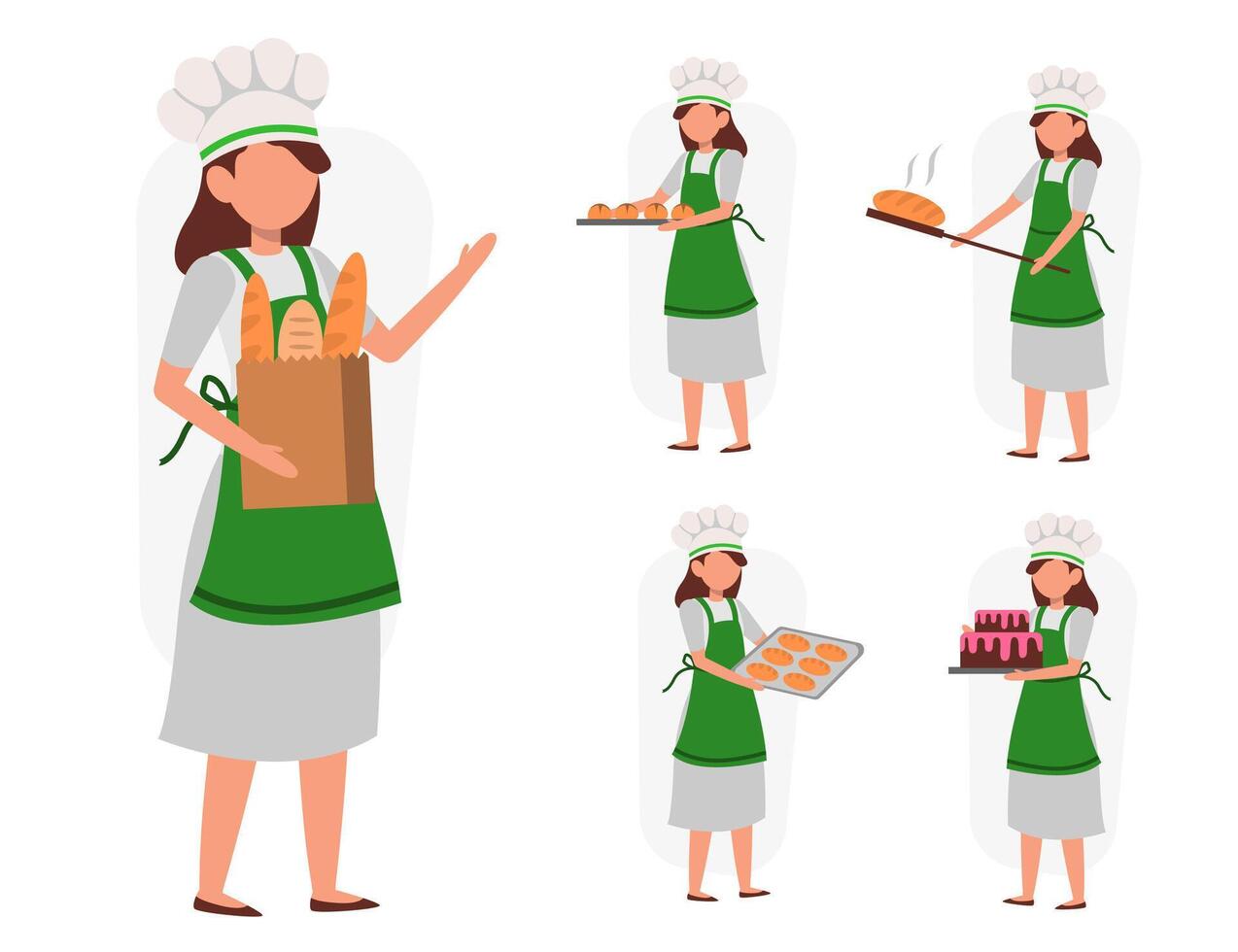 set of female baker in cartoon character different actions vector