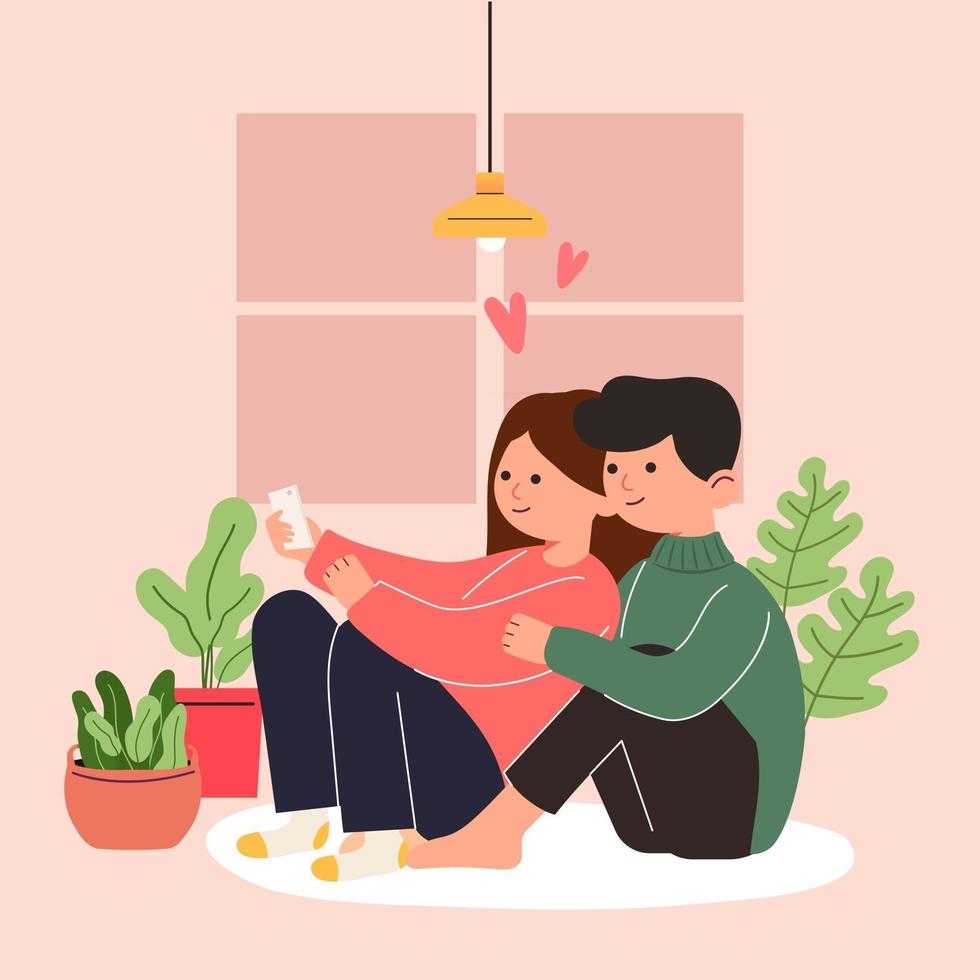 Big Isolated cartoon Vector of young girl and boy in love, couple sharing and caring love, light color backgrounded, illustration