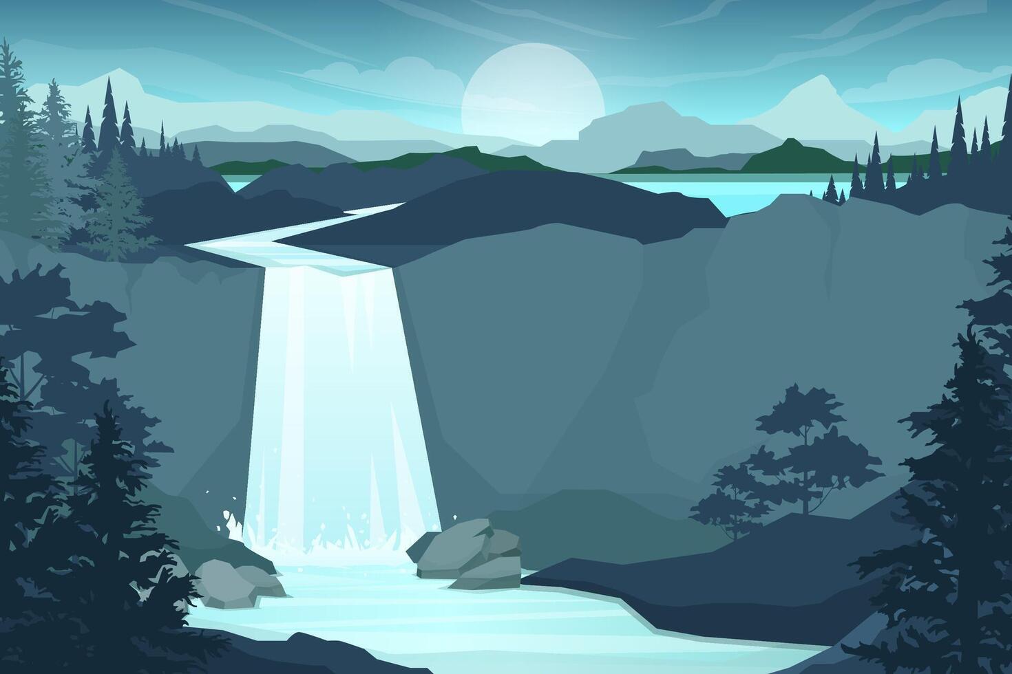 Vector illustration cartoon style of Waterfall in forest landscape background