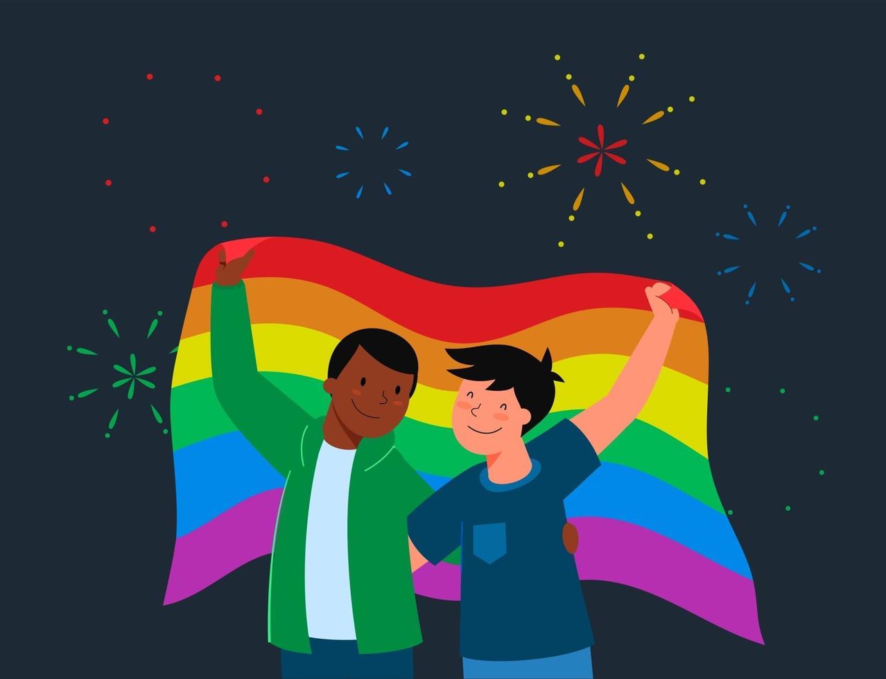 Prade lgbt pride festival concept. Homosexual male couple holding lgbt flag. Flat cartoon character vector illustration.