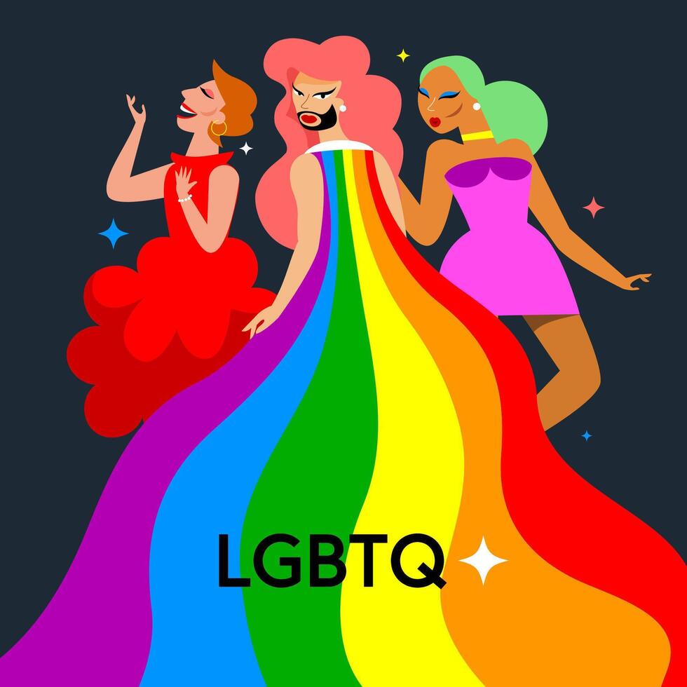 Lgbt girl with long rainbow colored dress on the floor. Beauty, dress style, concept, psychology, mind, creative, vector illustration