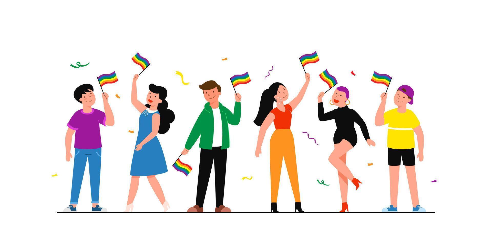 LGBTQ community. Happy hugging young people holding an LGBT rainbow flag. Group of gay, lesbian, bisexual, transgender activists. Flat editable vector illustration, clip art