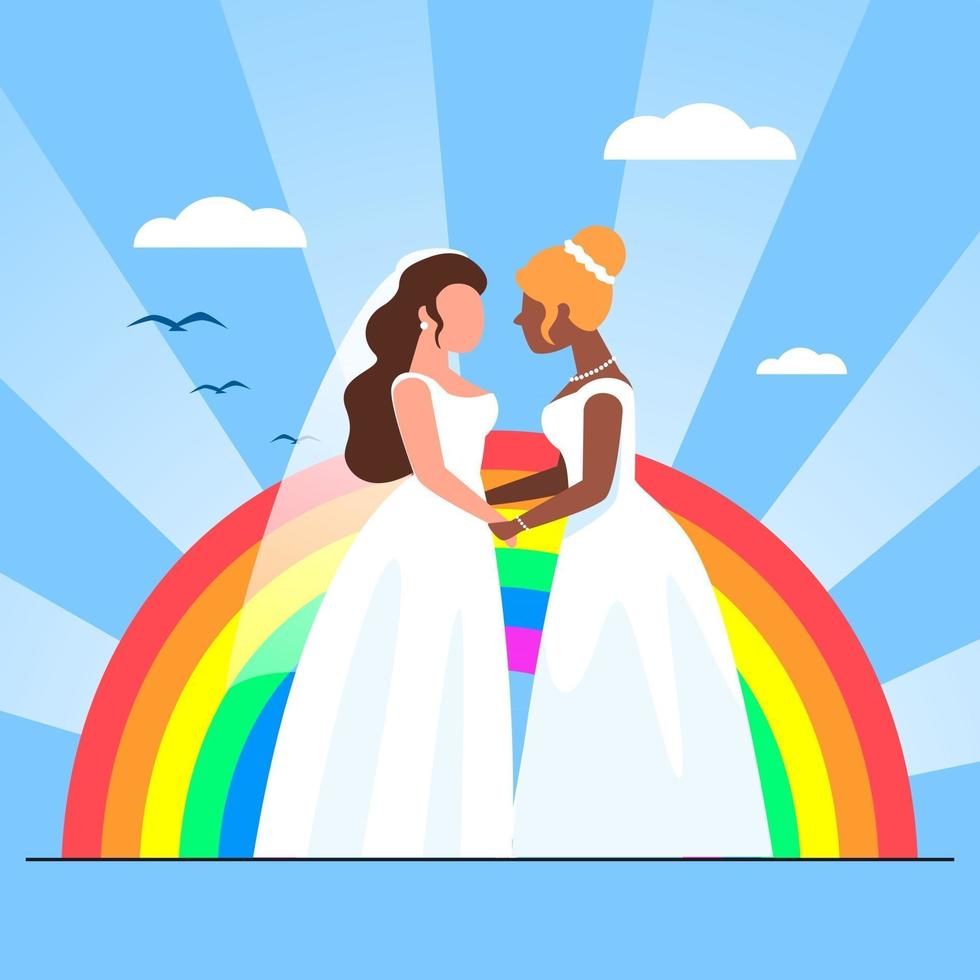 Two lesbian in dresses holding hands in front of big pride rainbow flag. women in love, female sexuality. Married, marriage rights vector