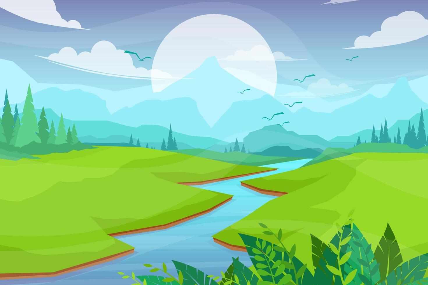 Escena de la naturaleza con río y colinas ilustración vectorial vector