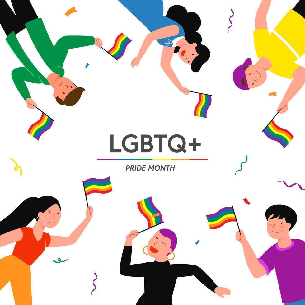 LGBT pride month concept vector illustration. Cartoon flat lesbian gay bisexual transgender queer character group holding rainbow flag on sexual discrimination protest LGBT parade isolated on white background