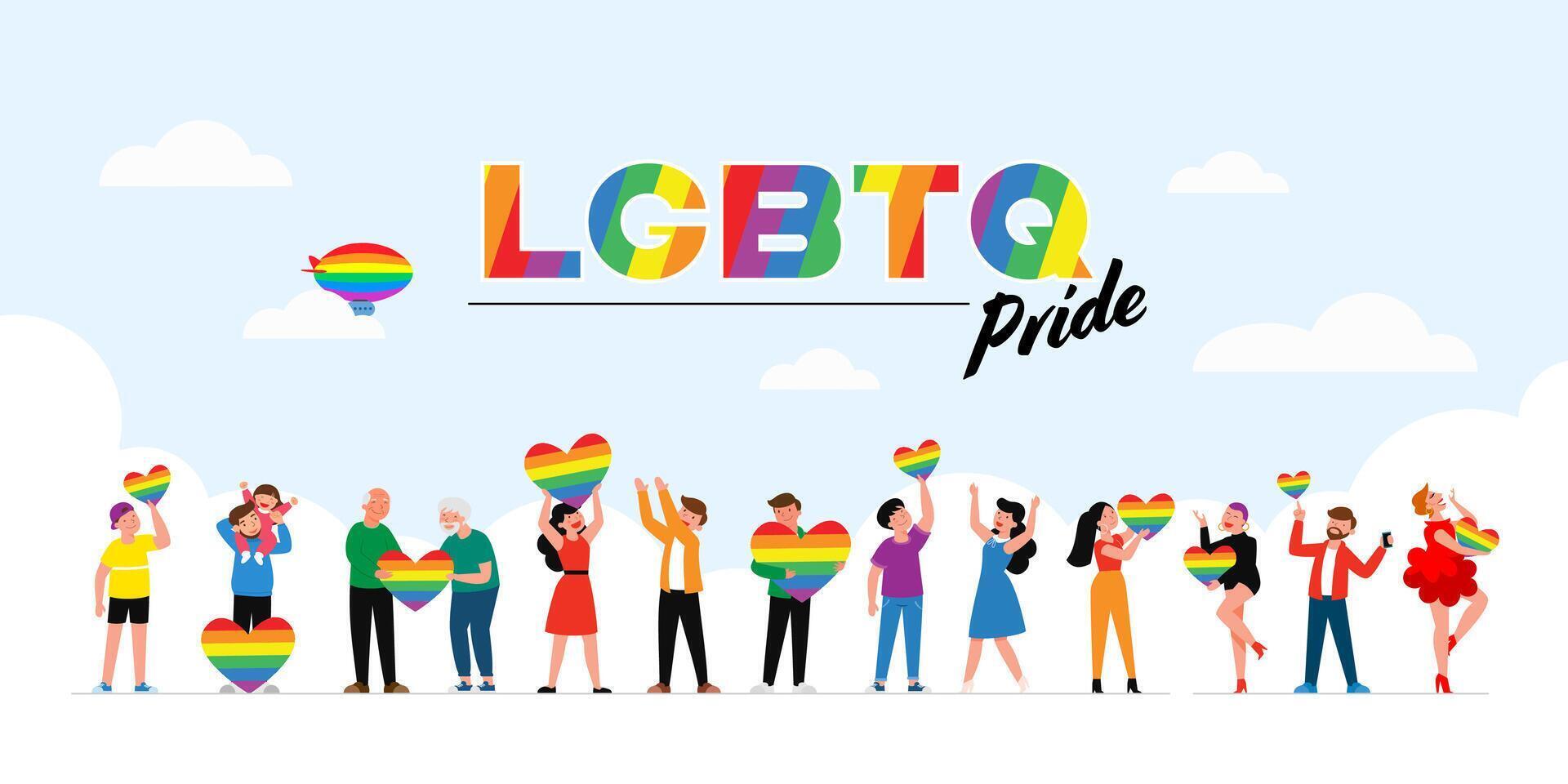 People hold lgbt rainbow and transgender flag during pride month celebration against violence, descrimination, human rights violation. Equality and self-affirmarmation. vector
