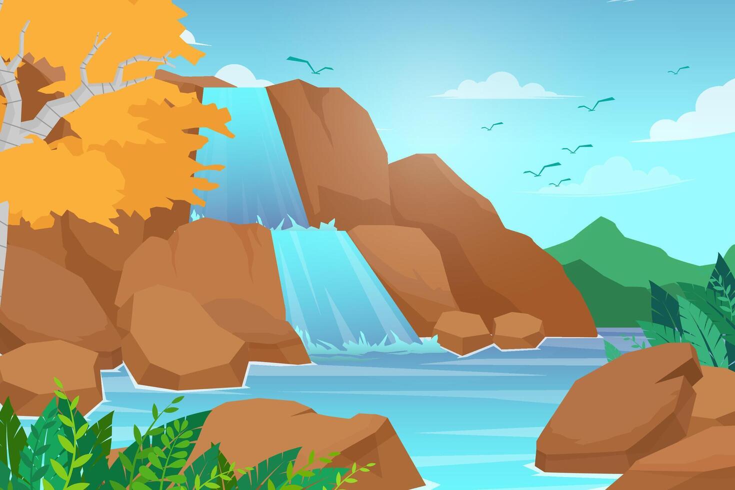 estilo de dibujos animados de ilustración vectorial de cascada en el fondo del paisaje forestal vector