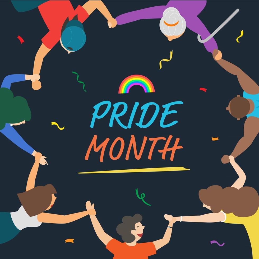 Pride month banner with LGBTQ people holding each other hands in a circle to show their pride vector design