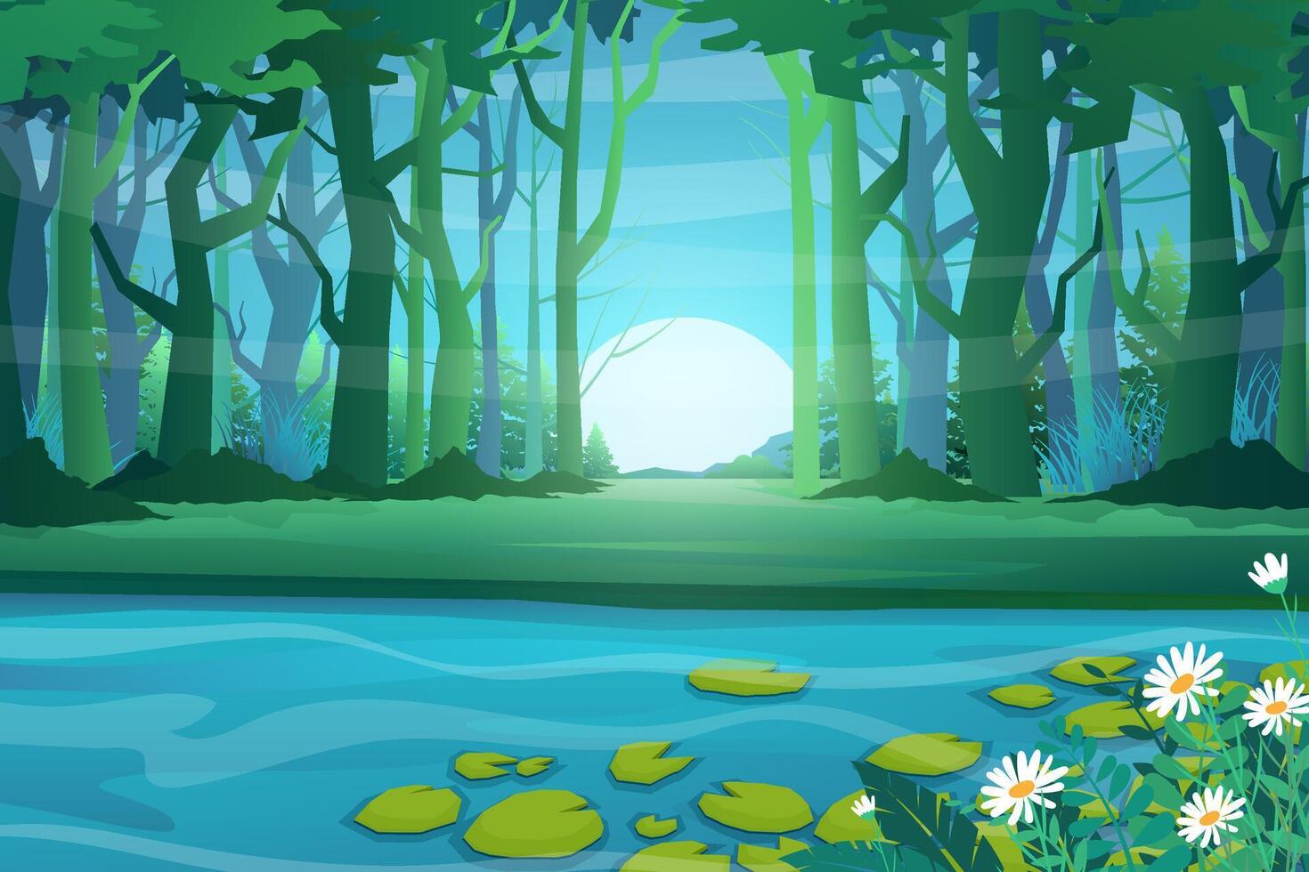 The nature scene of forest and pond with lotus vector