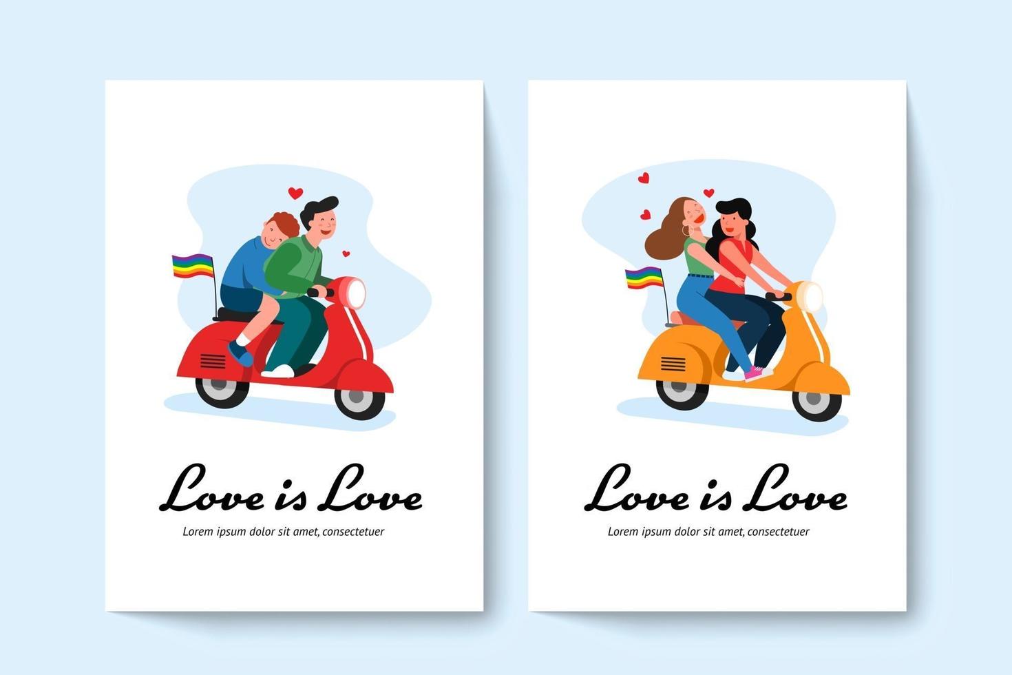 Two LGBT gay couple and lesbian couple riding on a scooter. Vector illustration in flat style.