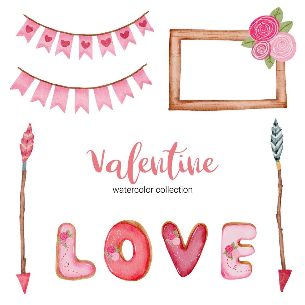 Valentines Day set elements, frame, arrow, flowers, and more. Template for Sticker kit, Greeting, Congratulations, Invitations, Planners. Vector illustration