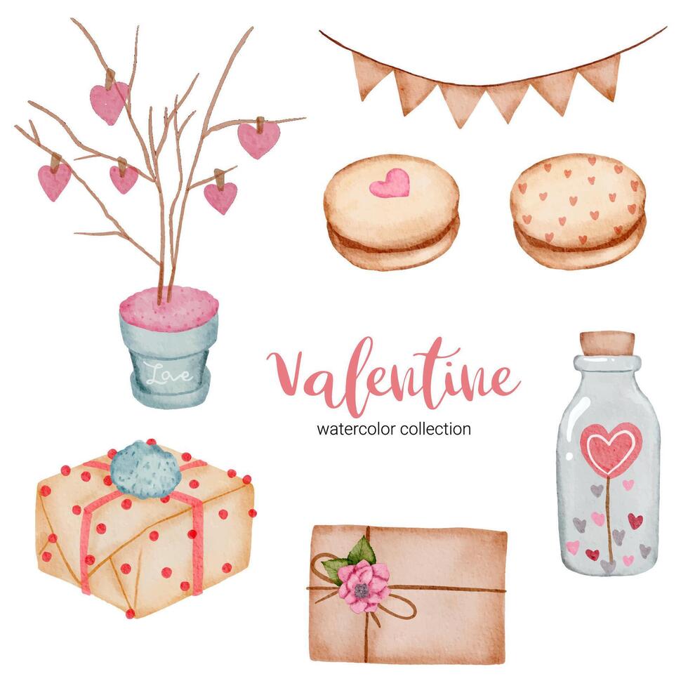 Valentines Day set elements, heart, gift, cake and etc. Template for Sticker kit, Greeting, Congratulations, Invitations, Planners. Vector illustration