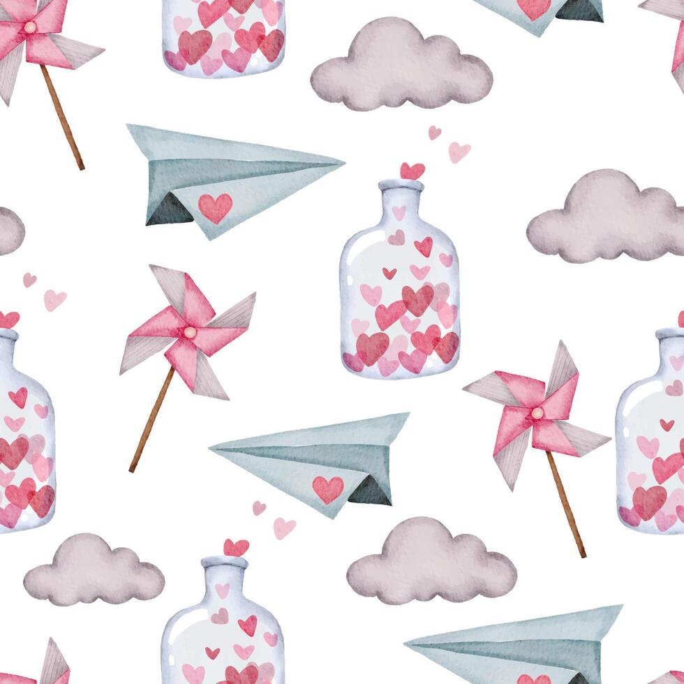 Valentine seamless pattern with paper plane, cloud and bottle. Perfect for wallpaper, web page background, textile, greeting cards and wedding invitations vector
