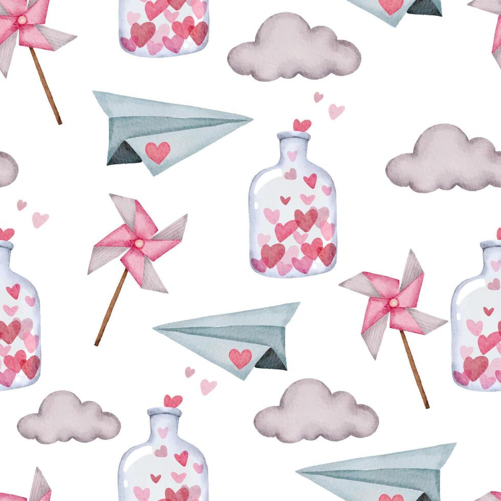 San Valentín de patrones sin fisuras con avión de papel, nube y botella. perfecto para papel tapiz, fondo de páginas web, textiles, tarjetas de felicitación e invitaciones de boda vector